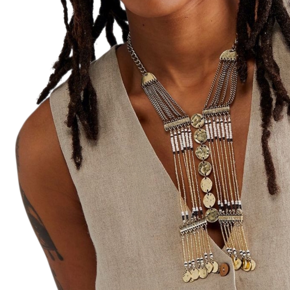 Free People Sunrise Layered Beaded Necklace Gold Black White Boho Statement NWT
